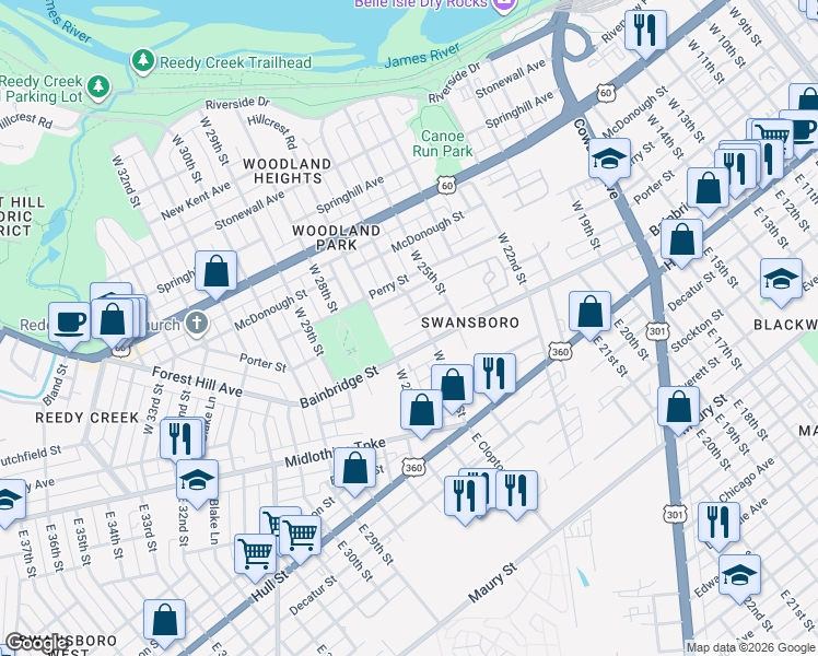 map of restaurants, bars, coffee shops, grocery stores, and more near 2608 Porter Street in Richmond