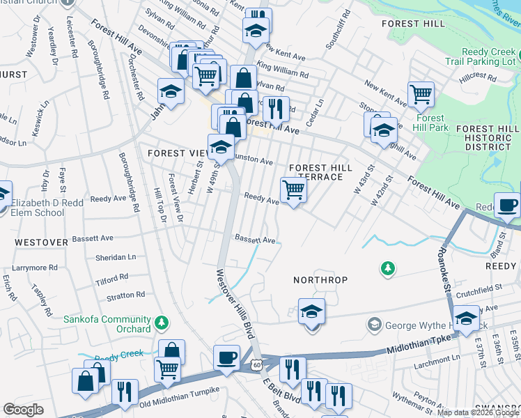 map of restaurants, bars, coffee shops, grocery stores, and more near 821 West 47th Street in Richmond