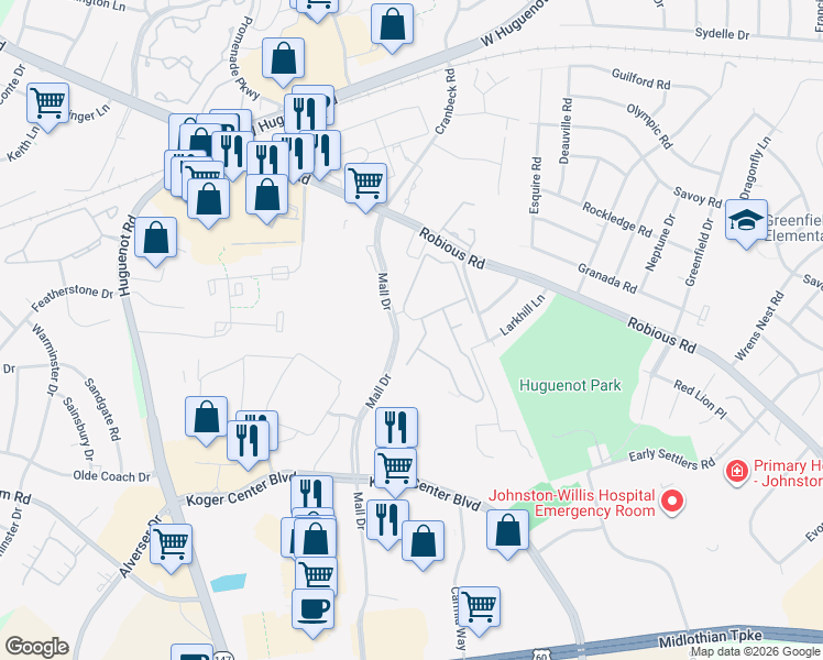 map of restaurants, bars, coffee shops, grocery stores, and more near 2000 Breezy Point Circle in Bon Air