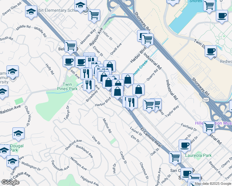 map of restaurants, bars, coffee shops, grocery stores, and more near 1477 El Camino Real in Belmont