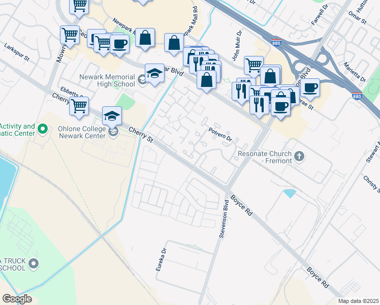 map of restaurants, bars, coffee shops, grocery stores, and more near 6381 Potrero Dr in Newark