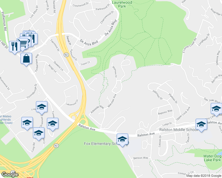 map of restaurants, bars, coffee shops, grocery stores, and more near 4107 Skymont Drive in Belmont