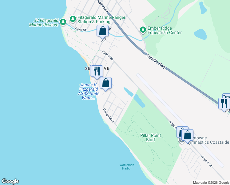 map of restaurants, bars, coffee shops, grocery stores, and more near 885 San Ramon Avenue in Moss Beach