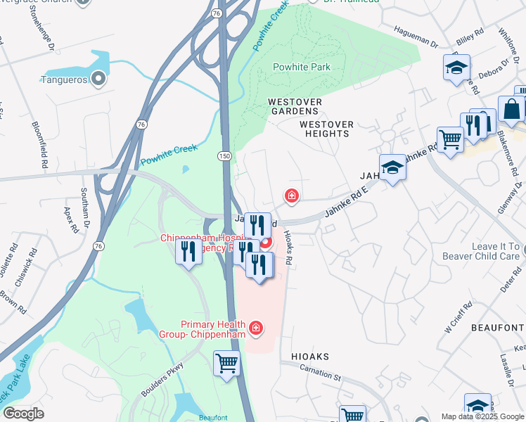 map of restaurants, bars, coffee shops, grocery stores, and more near 1201 Boulder Creek Road in Richmond