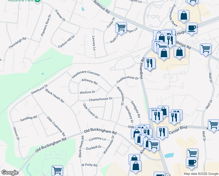 map of restaurants, bars, coffee shops, grocery stores, and more near 1710 Featherstone Drive in Midlothian