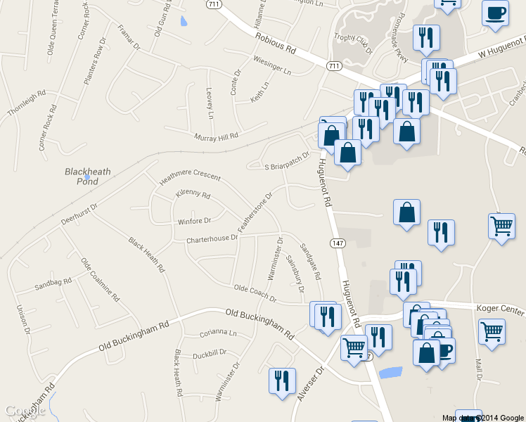 map of restaurants, bars, coffee shops, grocery stores, and more near 1736 Warminster Drive in Midlothian