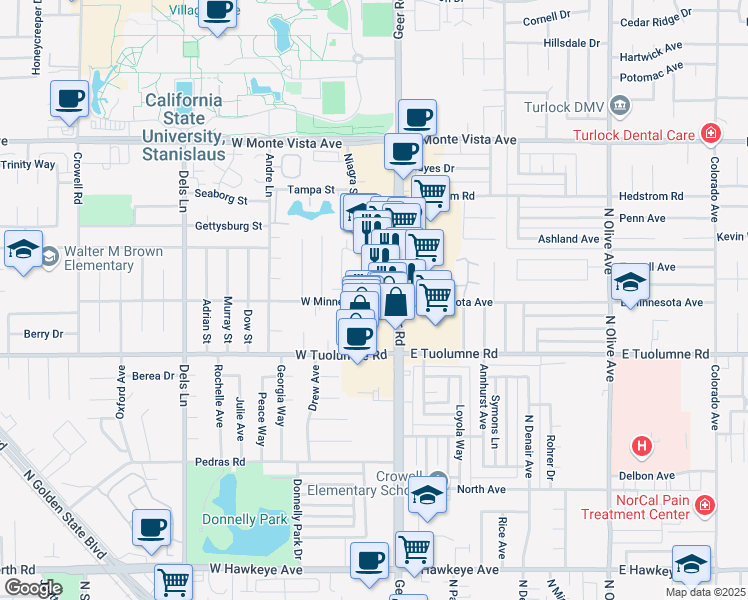 map of restaurants, bars, coffee shops, grocery stores, and more near 25 West Minnesota Avenue in Turlock