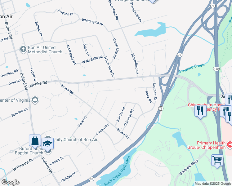 map of restaurants, bars, coffee shops, grocery stores, and more near 7901 Epic Road in Richmond
