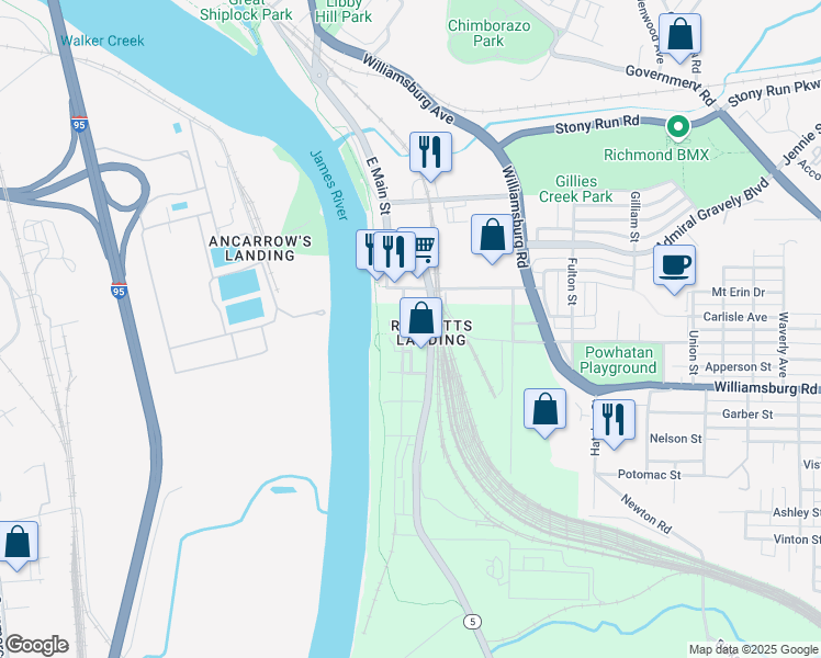 map of restaurants, bars, coffee shops, grocery stores, and more near 210 Rocketts Way in Henrico