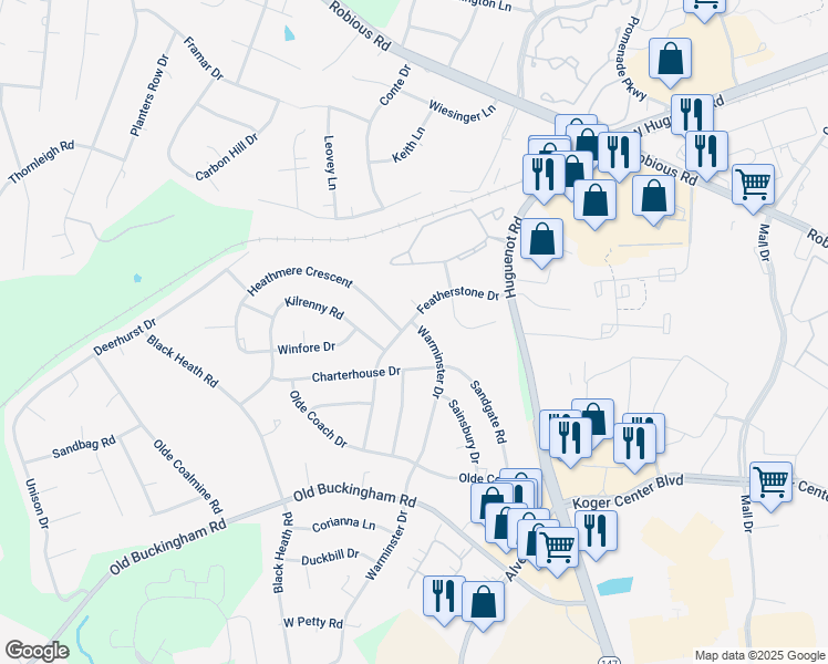 map of restaurants, bars, coffee shops, grocery stores, and more near 1736 Warminster Drive in Midlothian