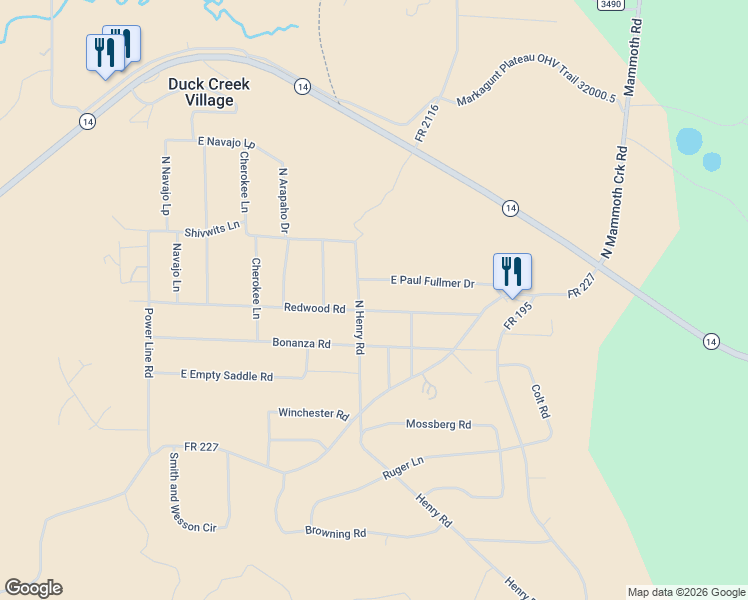 map of restaurants, bars, coffee shops, grocery stores, and more near 1245 Redwood Road in Duck Creek Village