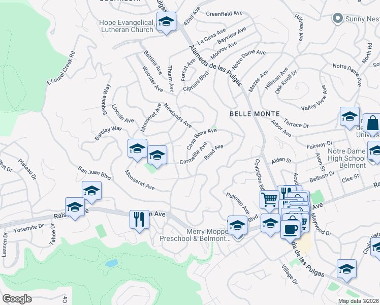 map of restaurants, bars, coffee shops, grocery stores, and more near 2419 Casa Bona Avenue in Belmont