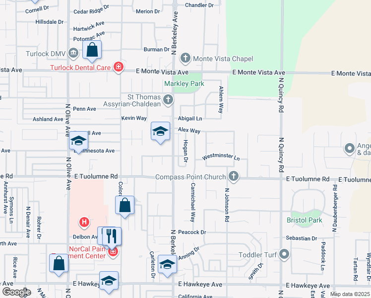 map of restaurants, bars, coffee shops, grocery stores, and more near Hogan Drive in Turlock