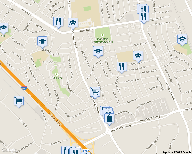 map of restaurants, bars, coffee shops, grocery stores, and more near 4691 Frontenac Park Court in Fremont
