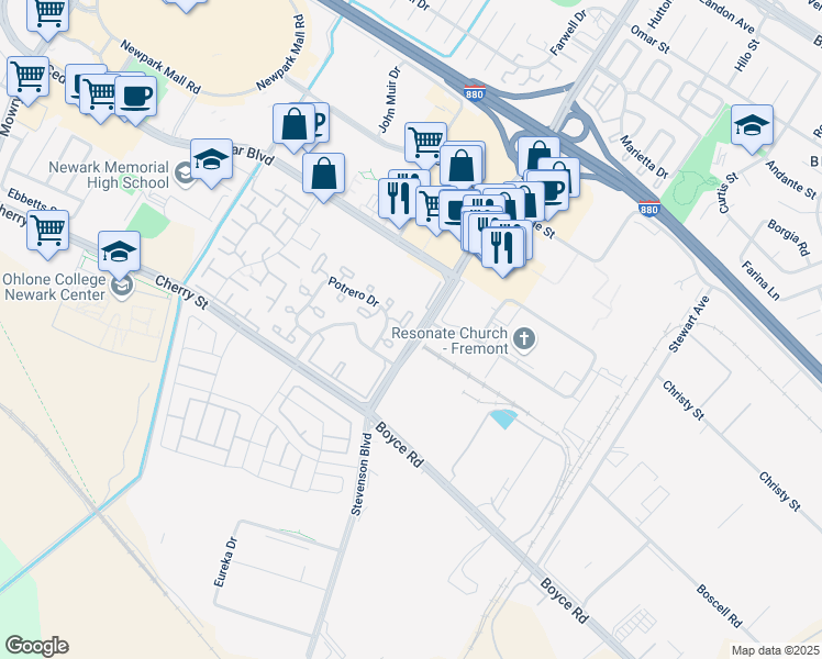 map of restaurants, bars, coffee shops, grocery stores, and more near 39882 Potrero Drive in Newark