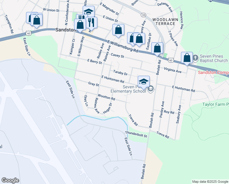 map of restaurants, bars, coffee shops, grocery stores, and more near 300 Huger Drive in Sandston