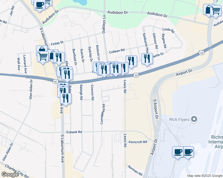 map of restaurants, bars, coffee shops, grocery stores, and more near Unnamed Road in Henrico