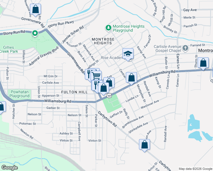 map of restaurants, bars, coffee shops, grocery stores, and more near 1716 National Street in Richmond