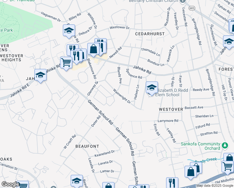 map of restaurants, bars, coffee shops, grocery stores, and more near 6532 Vischer Road in Richmond