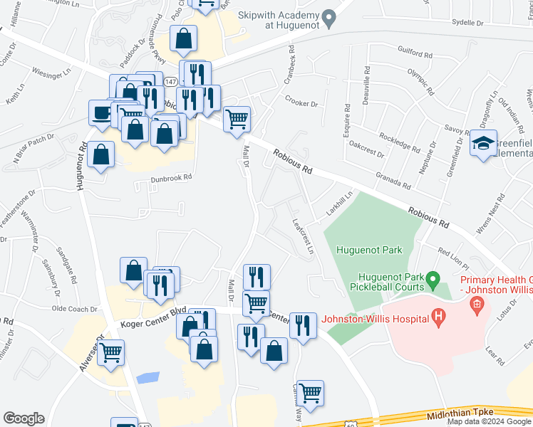 map of restaurants, bars, coffee shops, grocery stores, and more near 1511 Mall Drive in Bon Air