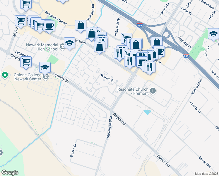 map of restaurants, bars, coffee shops, grocery stores, and more near 39880 Parada Street in Newark