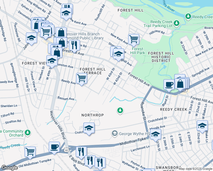 map of restaurants, bars, coffee shops, grocery stores, and more near 1103 West 43rd Street in Richmond
