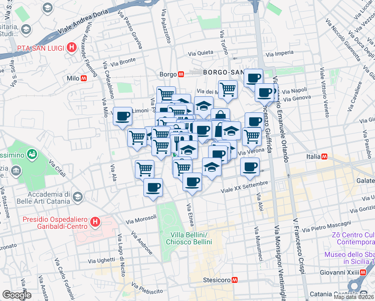 map of restaurants, bars, coffee shops, grocery stores, and more near 48 Via Monserrato in Catania