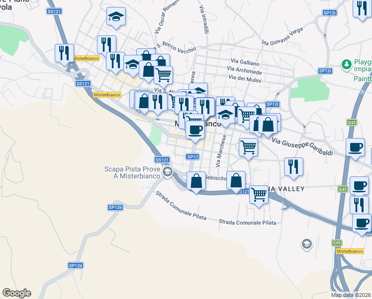 map of restaurants, bars, coffee shops, grocery stores, and more near 39 Via Palestro in Misterbianco