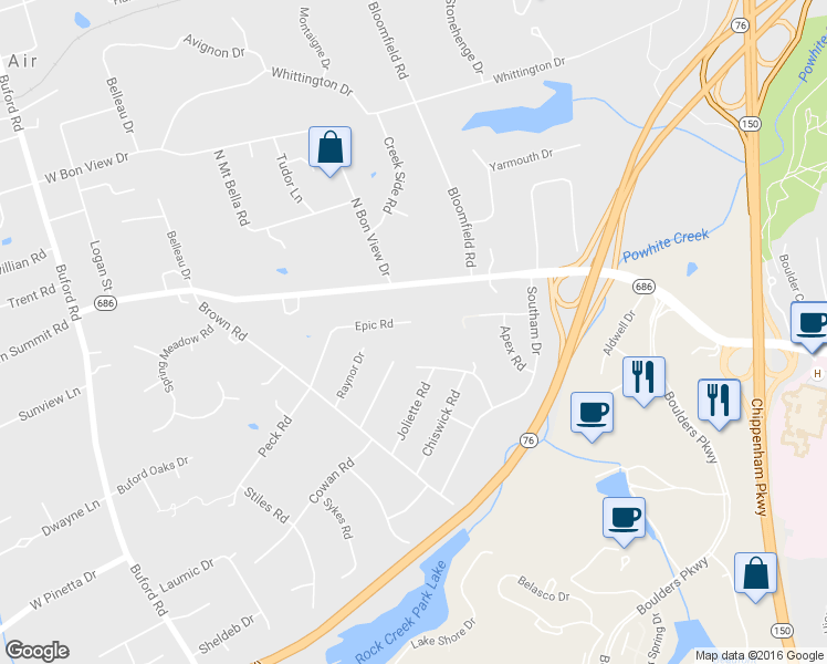 map of restaurants, bars, coffee shops, grocery stores, and more near 7857 Epic Road in Richmond