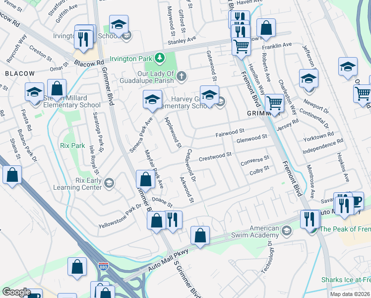 map of restaurants, bars, coffee shops, grocery stores, and more near 4422 Hardwood Street in Fremont