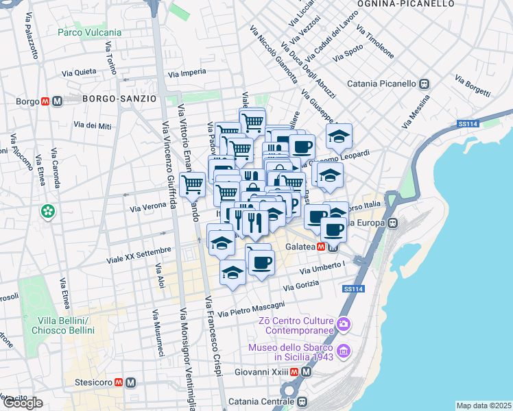 map of restaurants, bars, coffee shops, grocery stores, and more near 12 Viale Vittorio Veneto in Catania