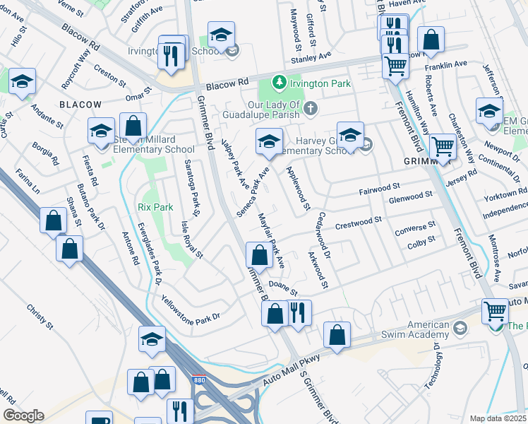 map of restaurants, bars, coffee shops, grocery stores, and more near 4691 Frontenac Park Court in Fremont