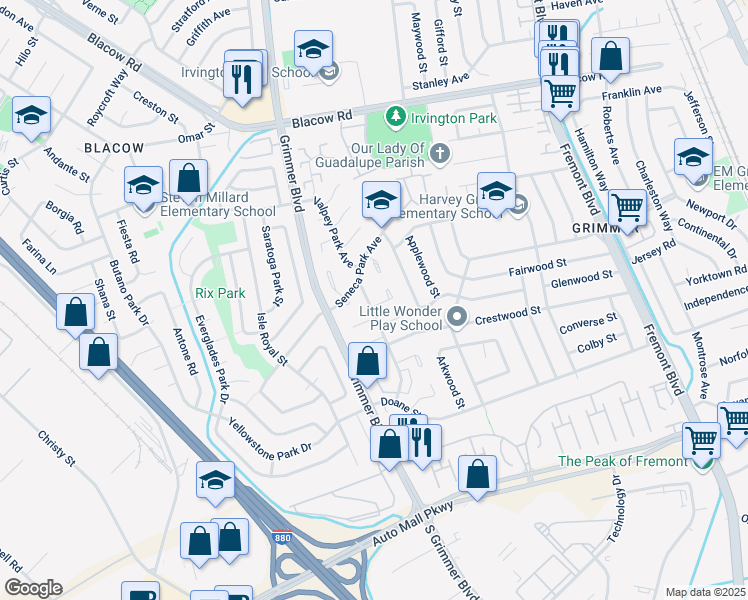 map of restaurants, bars, coffee shops, grocery stores, and more near 4691 Frontenac Park Court in Fremont