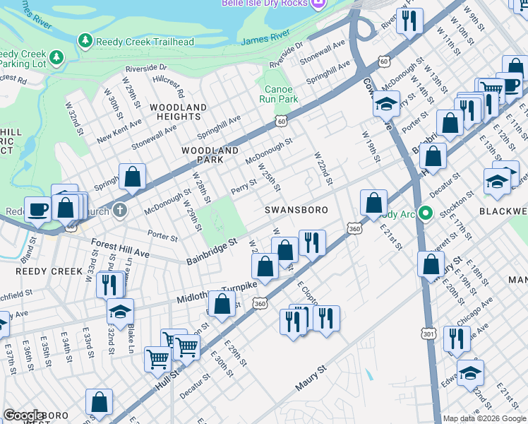 map of restaurants, bars, coffee shops, grocery stores, and more near 2608 Porter Street in Richmond