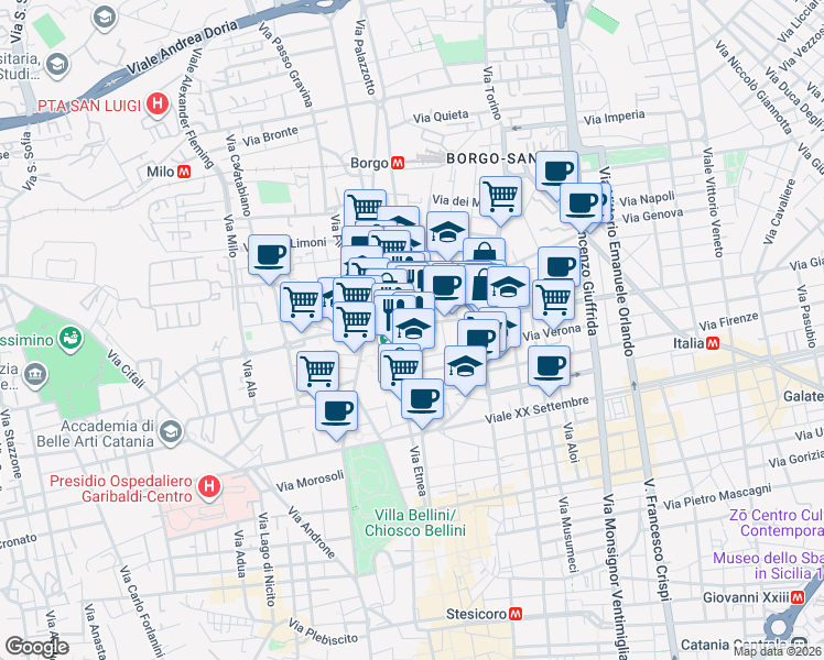 map of restaurants, bars, coffee shops, grocery stores, and more near 48 Via Monserrato in Catania