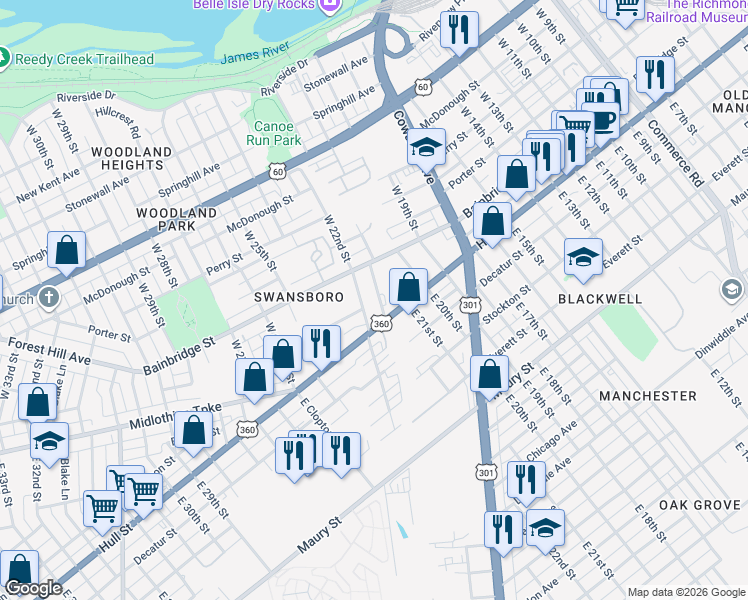 map of restaurants, bars, coffee shops, grocery stores, and more near 22 West 21st Street in Richmond