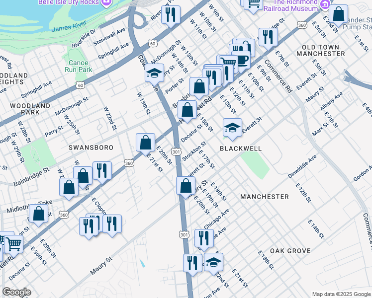 map of restaurants, bars, coffee shops, grocery stores, and more near 118 East 18th Street in Richmond