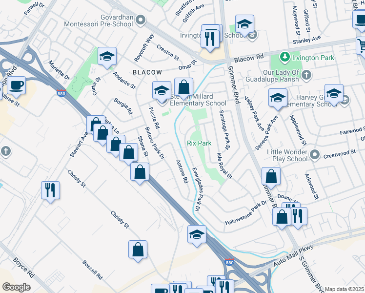 map of restaurants, bars, coffee shops, grocery stores, and more near 42725 Everglades Park Drive in Fremont