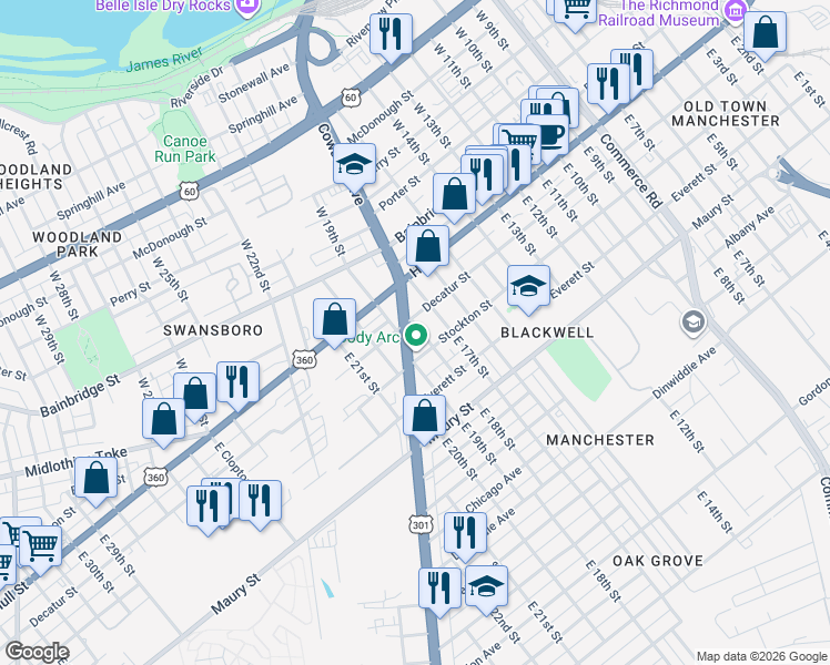 map of restaurants, bars, coffee shops, grocery stores, and more near 113 E 18th St in Richmond