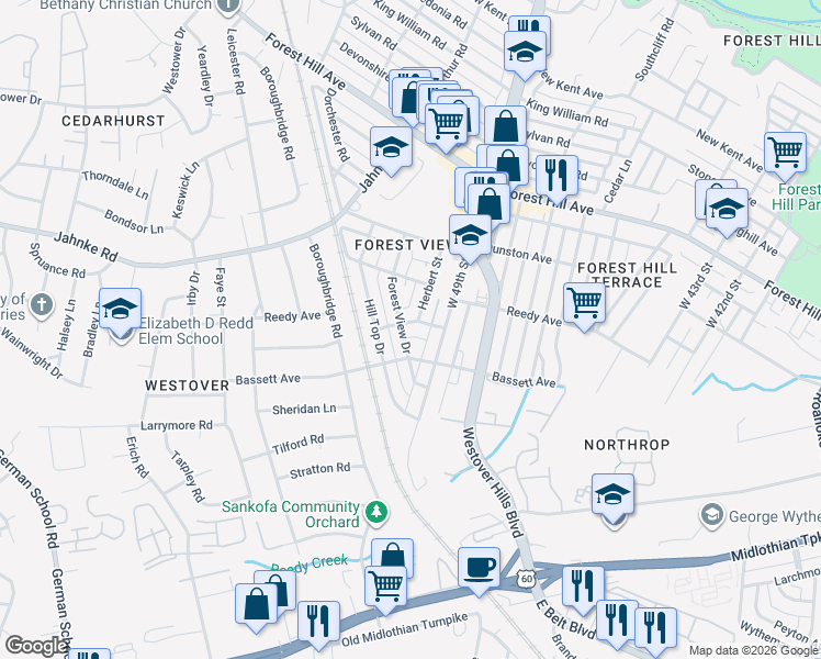 map of restaurants, bars, coffee shops, grocery stores, and more near 4914 Pine Crest Ave in Richmond
