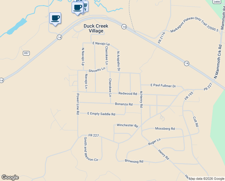 map of restaurants, bars, coffee shops, grocery stores, and more near 3320 Cherokee Lane in Duck Creek Village