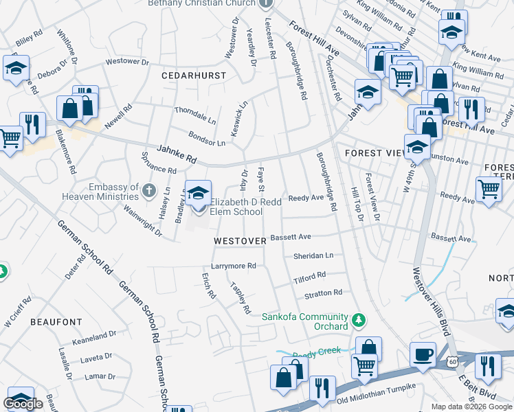 map of restaurants, bars, coffee shops, grocery stores, and more near 846 Faye Street in Richmond
