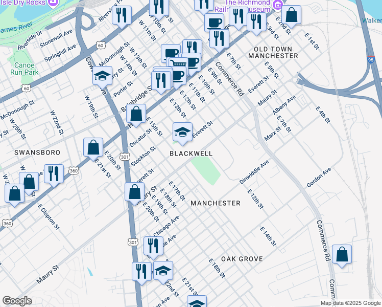 map of restaurants, bars, coffee shops, grocery stores, and more near 1600 Everett Street in Richmond