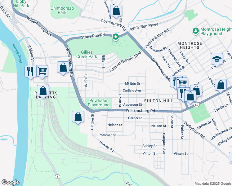 map of restaurants, bars, coffee shops, grocery stores, and more near 1021 Carlisle Avenue in Richmond