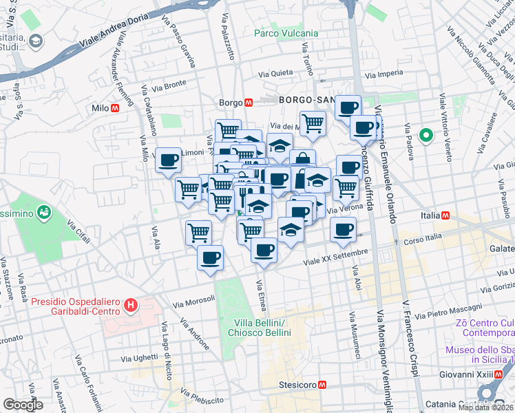 map of restaurants, bars, coffee shops, grocery stores, and more near 48 Via Monserrato in Catania