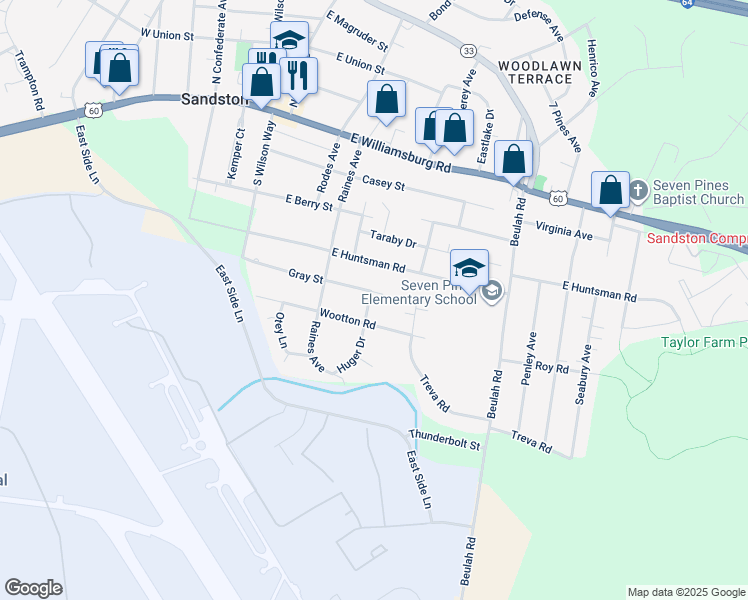 map of restaurants, bars, coffee shops, grocery stores, and more near 300 Huger Drive in Sandston
