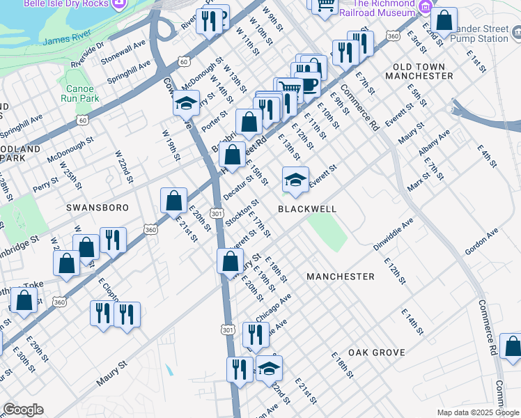 map of restaurants, bars, coffee shops, grocery stores, and more near 209 East 16th Street in Richmond