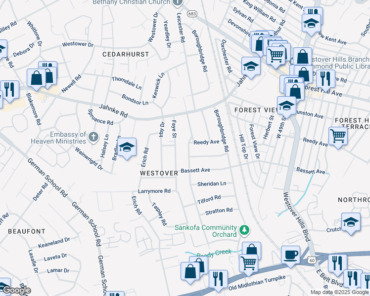 map of restaurants, bars, coffee shops, grocery stores, and more near 916 Byswick Lane in Richmond