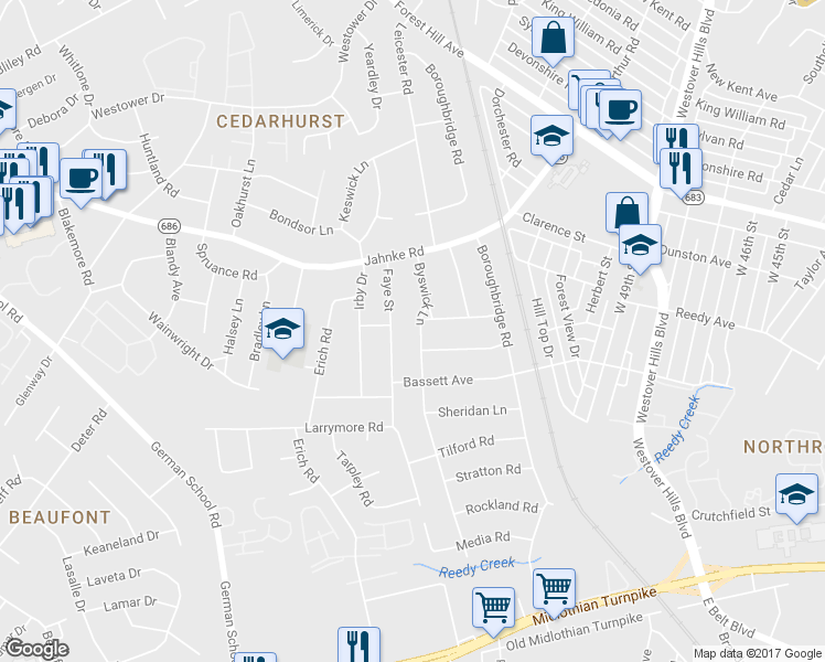 map of restaurants, bars, coffee shops, grocery stores, and more near 916 Byswick Lane in Richmond