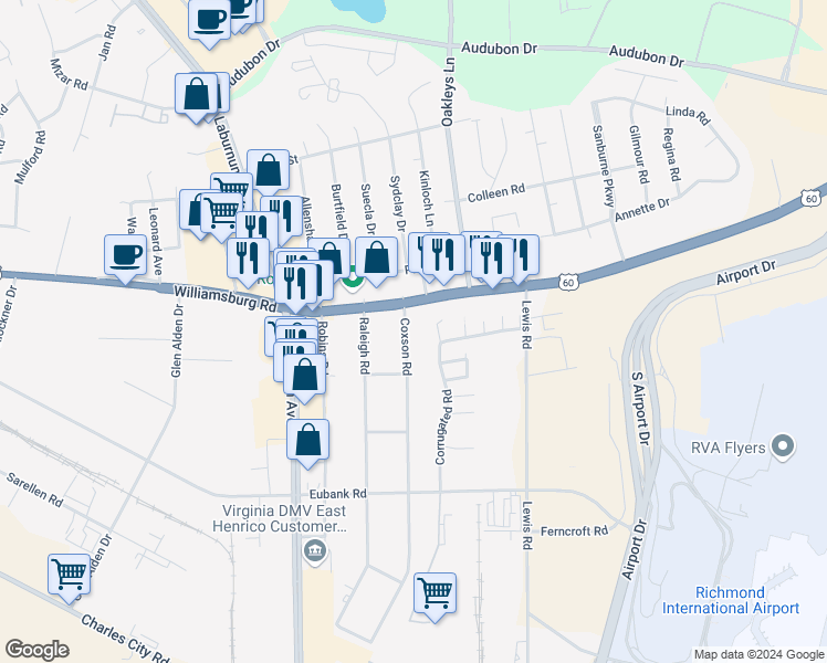 map of restaurants, bars, coffee shops, grocery stores, and more near 5105 Coxson Road in Richmond
